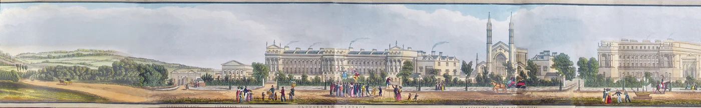 Gloucester Gate, Gloucester Terrace e Igreja e Hospital de St. Katherine, detalhe de "Uma vista panorâmica em volta do Regent&39;s Park", pub. por Ackermann, 1831 (aquatint)